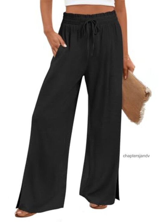Pants - Women's Wide Leg High Waisted Pants with Pockets Lightweight Casual Palazzo